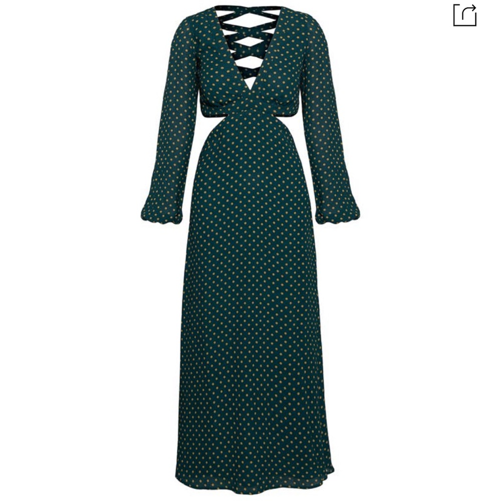 AFRM Lowell Long Sleeve Forest Green Dot Dress